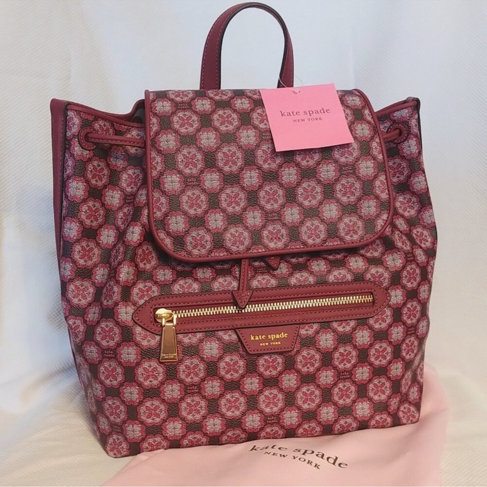 Kate Spade Monogram Flower Mia Medium Flap Backpack in Garnet Rose NWT - Picture 4 of 6